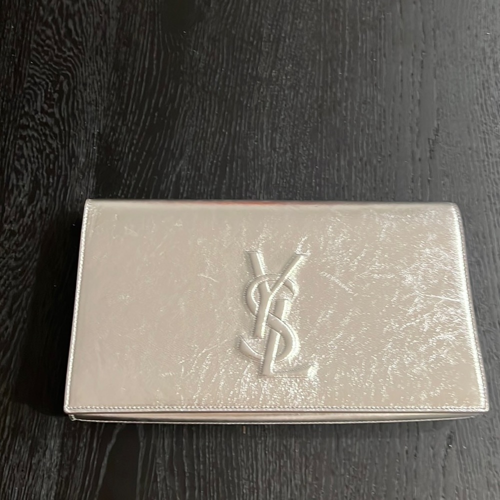 YSL large belle du jour clutch (metallic silver)